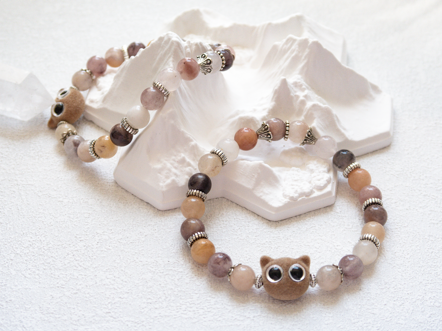 Violet Stone 8 mm Bracelet with Velvet Cat Charm – Handmade Original Design, Calming Crystal Gift, Stretch 6‑7 in, Limited Edition