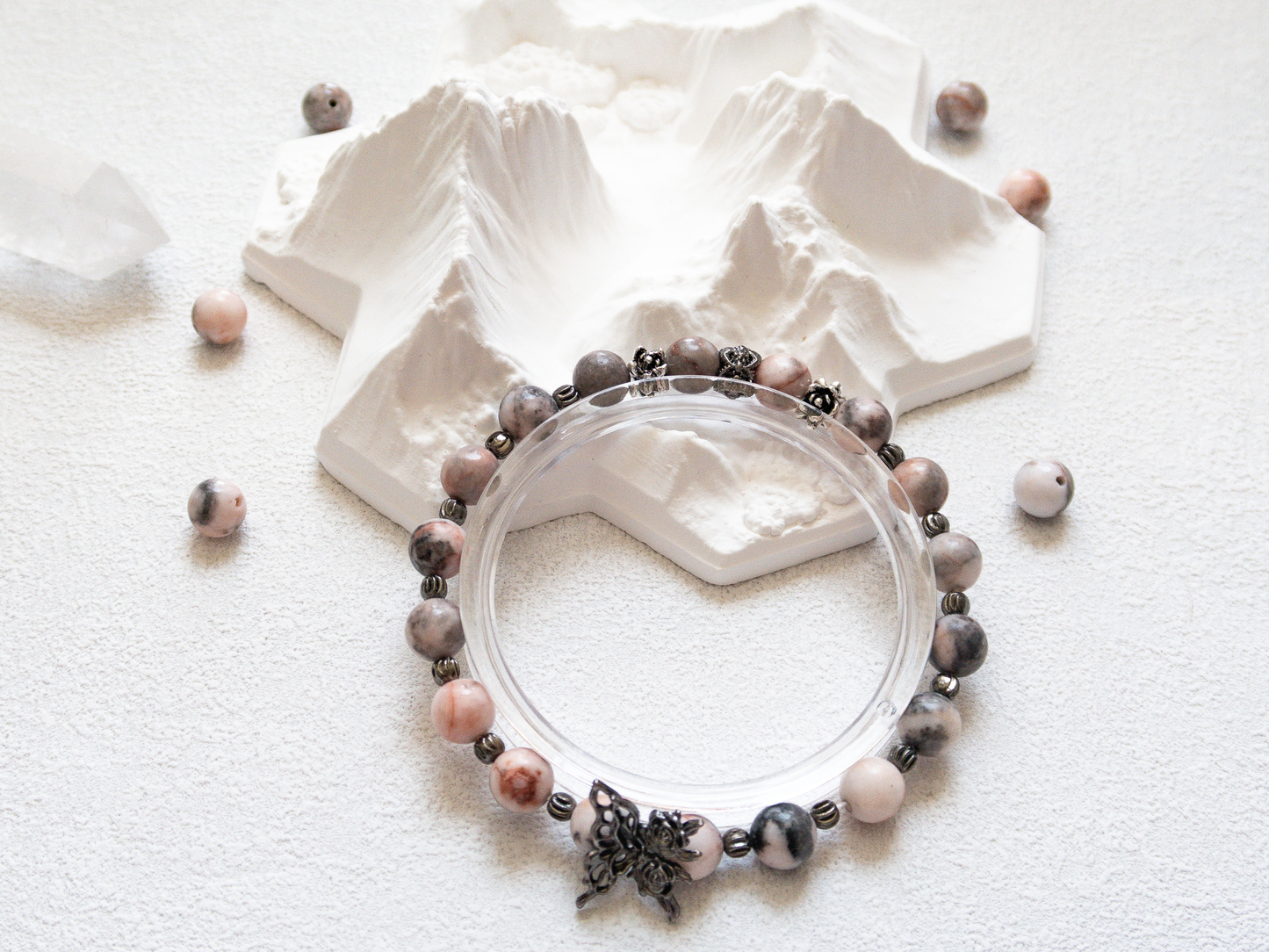 Pink Zebra Jasper Bracelet with Butterfly Charm – Handmade