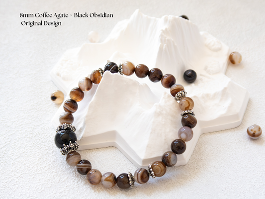 Coffee Agate Bracelet with Black Obsidian – Natural Stone, 8mm Unisex, Double-Strand Elastic