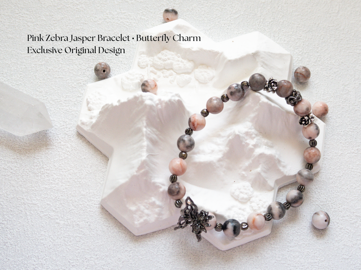 Pink Zebra Jasper Bracelet with Butterfly Charm – Handmade