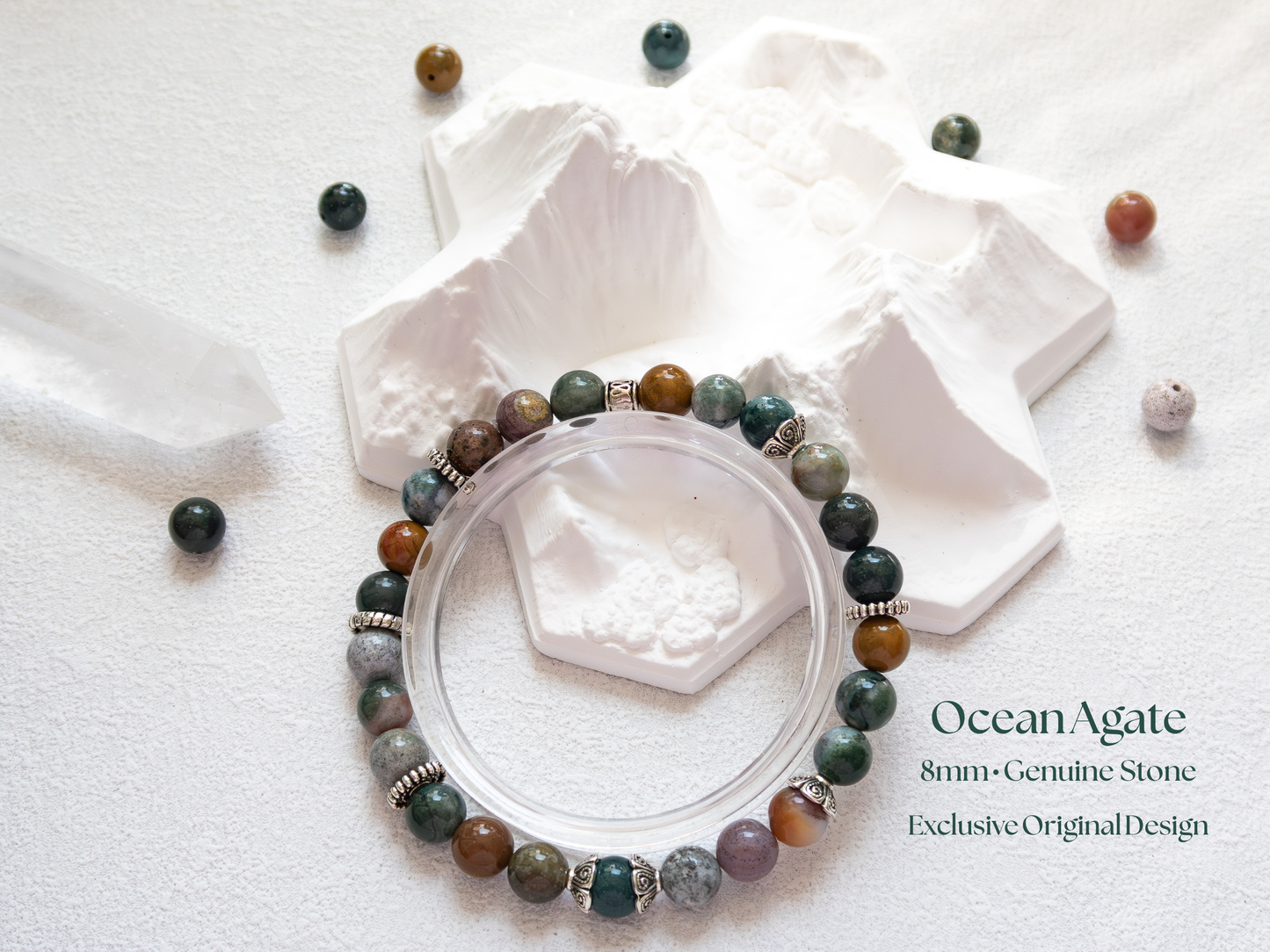 Ocean Agate 8 mm Gemstone Bracelet – Handmade Stretch Crystal Jewelry, Calming Sea Green Beads, Unisex Gift, Fits 5.5-7″ Wrist