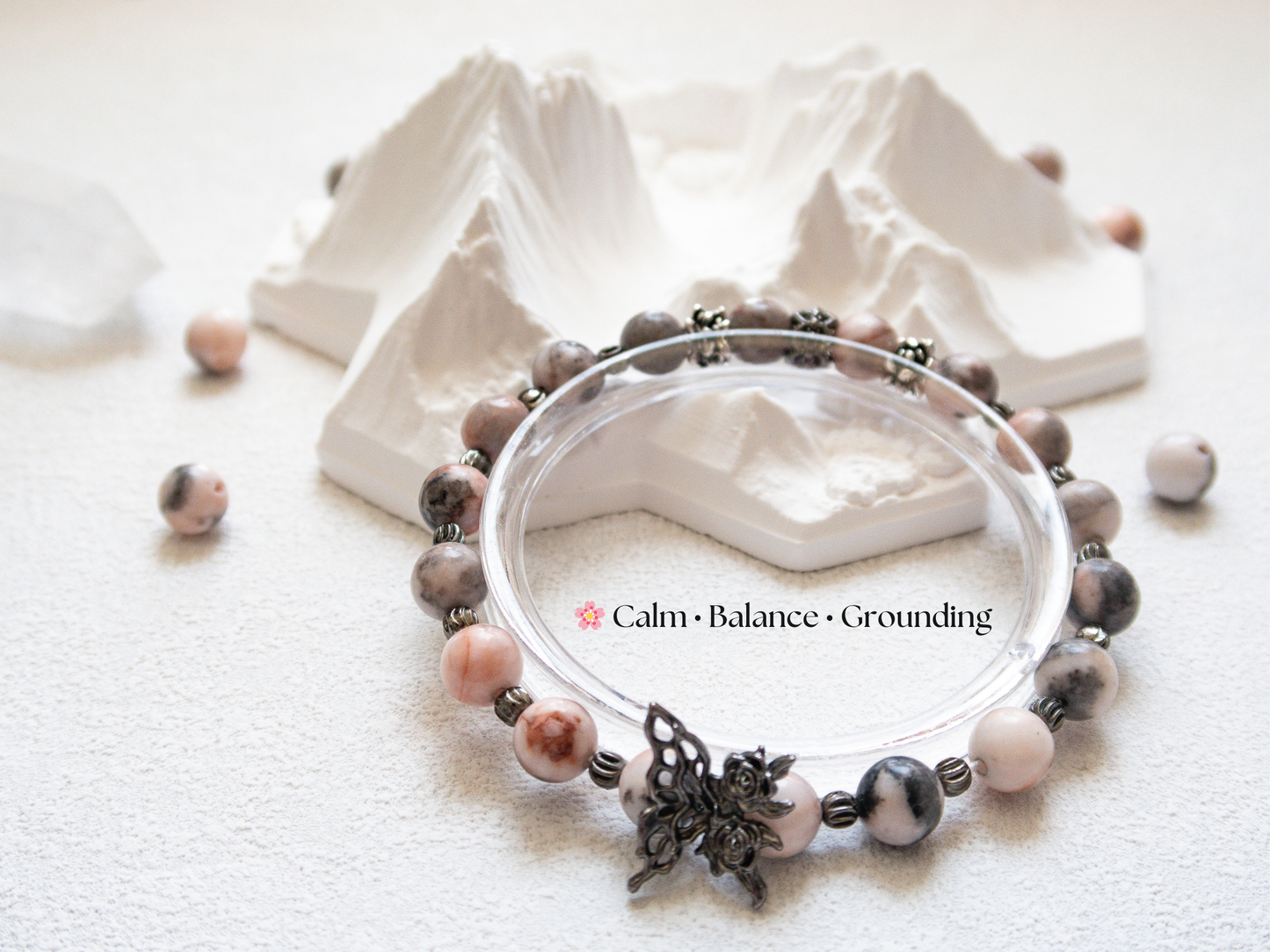 Pink Zebra Jasper Bracelet with Butterfly Charm – Handmade