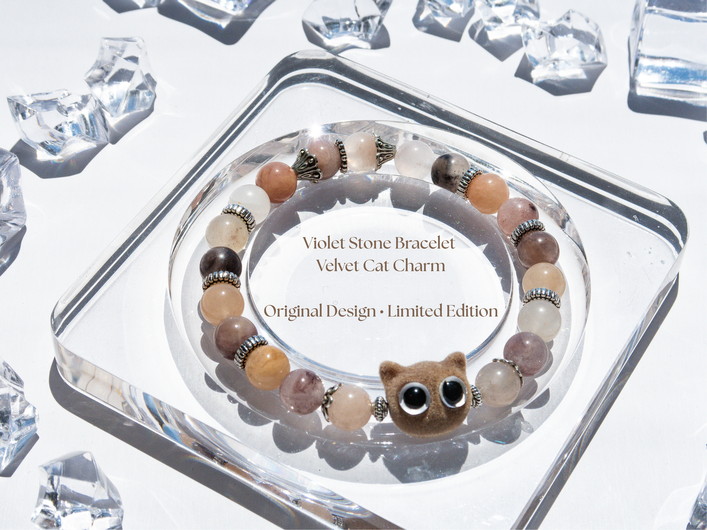 Violet Stone 8 mm Bracelet with Velvet Cat Charm – Handmade Original Design, Calming Crystal Gift, Stretch 6‑7 in, Limited Edition