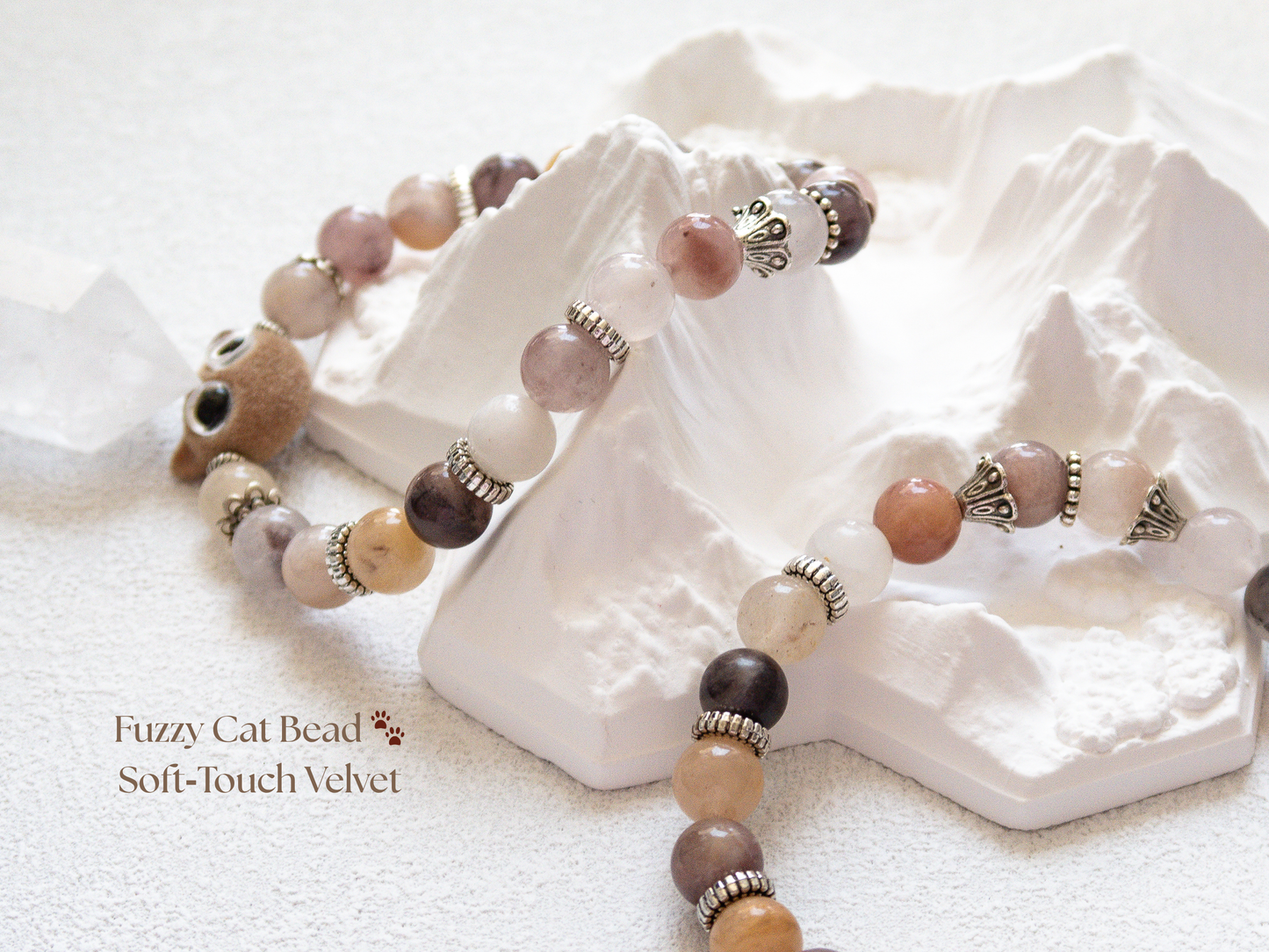 Violet Stone 8 mm Bracelet with Velvet Cat Charm – Handmade Original Design, Calming Crystal Gift, Stretch 6‑7 in, Limited Edition