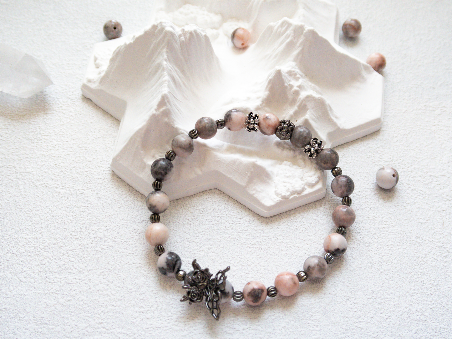 Pink Zebra Jasper Bracelet with Butterfly Charm – Handmade