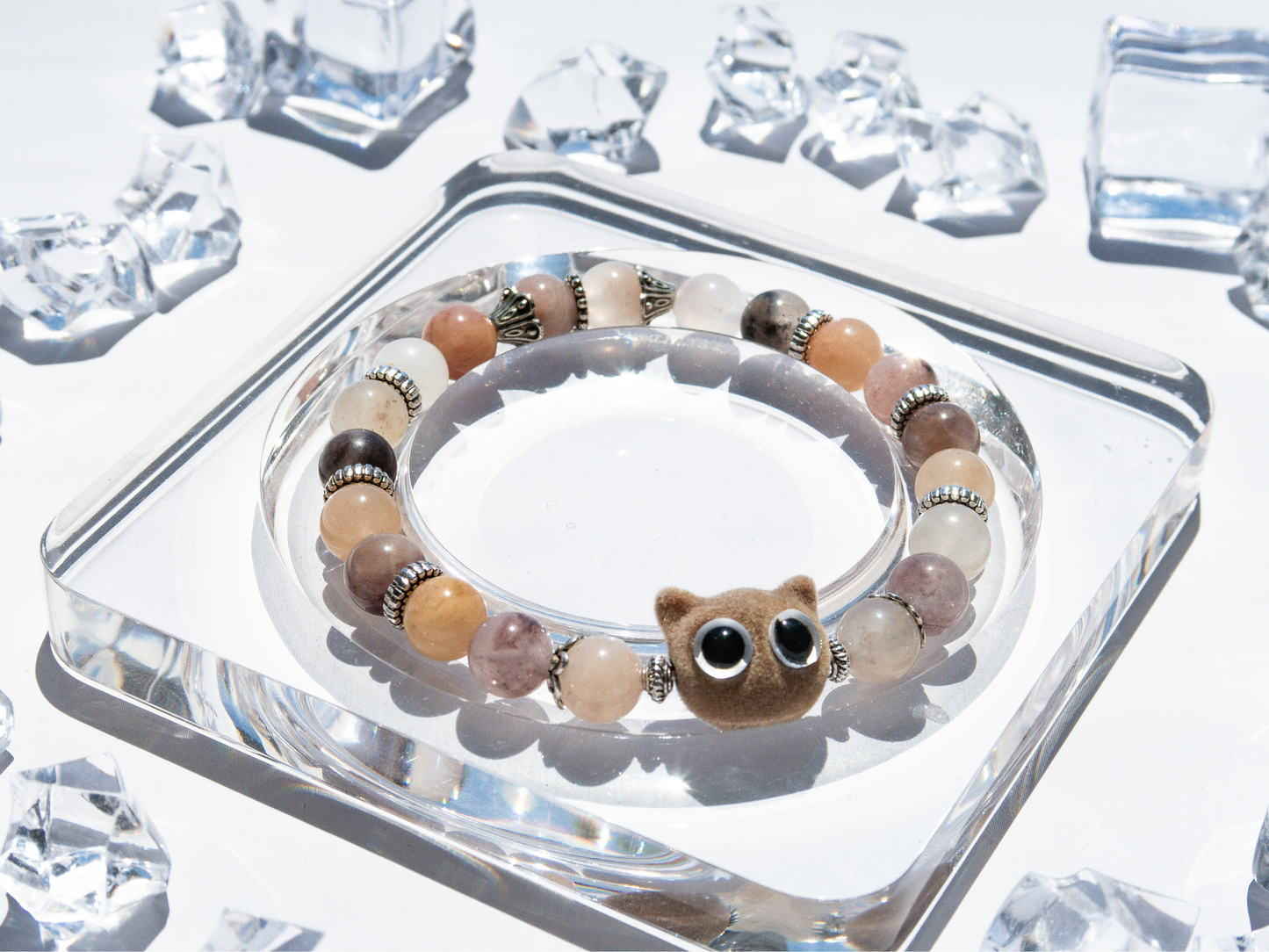 Violet Stone 8 mm Bracelet with Velvet Cat Charm – Handmade Original Design, Calming Crystal Gift, Stretch 6‑7 in, Limited Edition