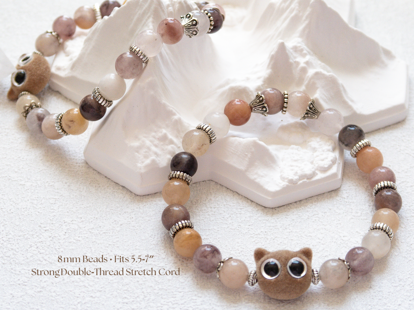 Violet Stone 8 mm Bracelet with Velvet Cat Charm – Handmade Original Design, Calming Crystal Gift, Stretch 6‑7 in, Limited Edition