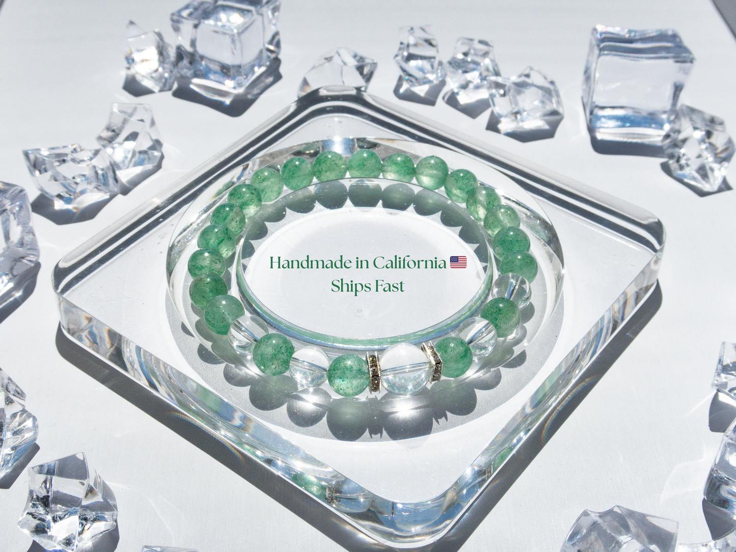 Green Strawberry Quartz & AAA Clear Quartz Bracelet – Handmade