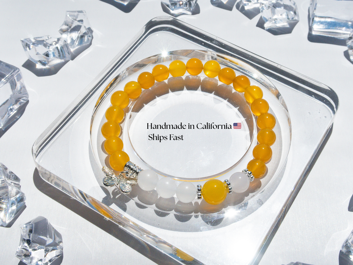 Yellow & White Agate Bracelet 8 mm Bracelet (10 mm Center)