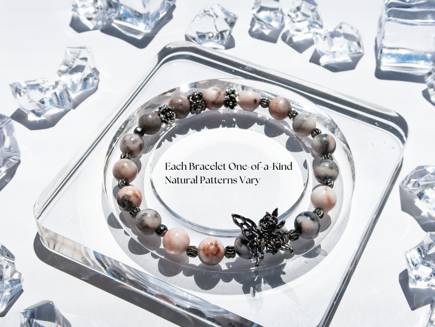 Pink Zebra Jasper Bracelet with Butterfly Charm – Handmade
