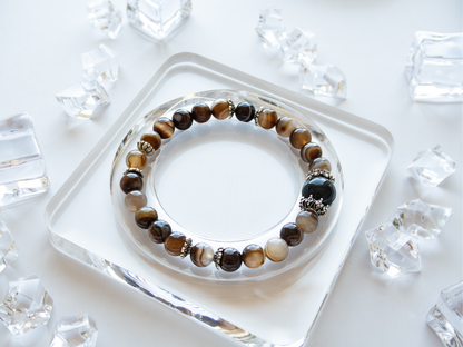 Coffee Agate Bracelet with Black Obsidian – Natural Stone, 8mm Unisex, Double-Strand Elastic
