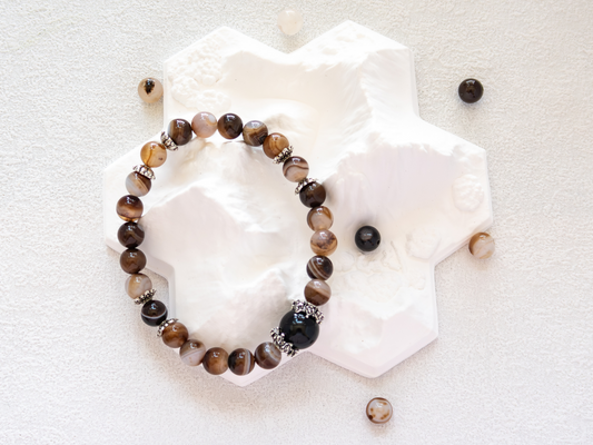 Coffee Agate Bracelet with Black Obsidian – Natural Stone, 8mm Unisex, Double-Strand Elastic