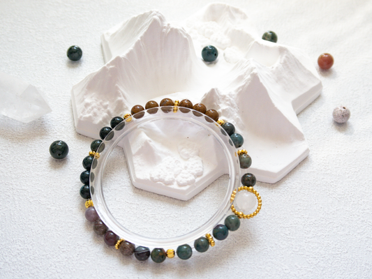 Ocean Agate 6 mm Bracelet w/ 8 mm White Jade Center –  Handmade Original Design • Calming Natural Stone • Elastic  Fits 5.5‑7″ Unisex Gift