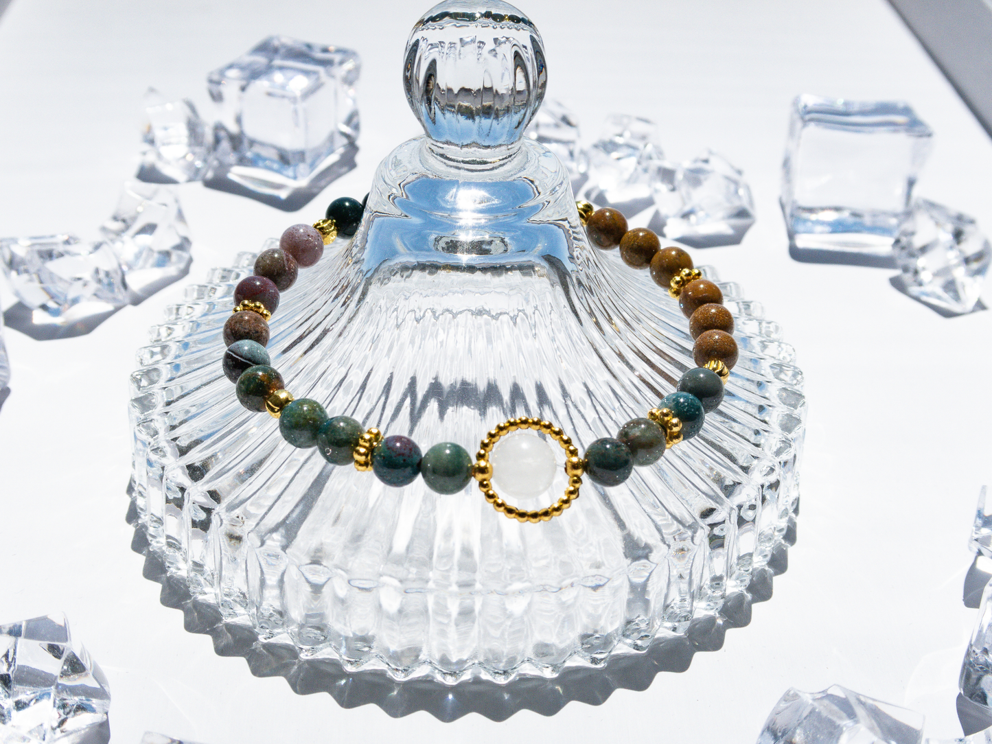 Ocean Agate 6 mm Bracelet w/ 8 mm White Jade Center –  Handmade Original Design • Calming Natural Stone • Elastic  Fits 5.5‑7″ Unisex Gift