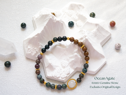 Ocean Agate 6 mm Bracelet w/ 8 mm White Jade Center –  Handmade Original Design • Calming Natural Stone • Elastic  Fits 5.5‑7″ Unisex Gift