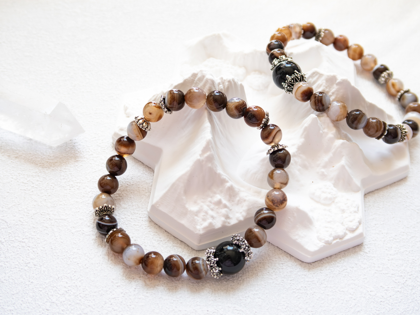Coffee Agate Bracelet with Black Obsidian – Natural Stone, 8mm Unisex, Double-Strand Elastic
