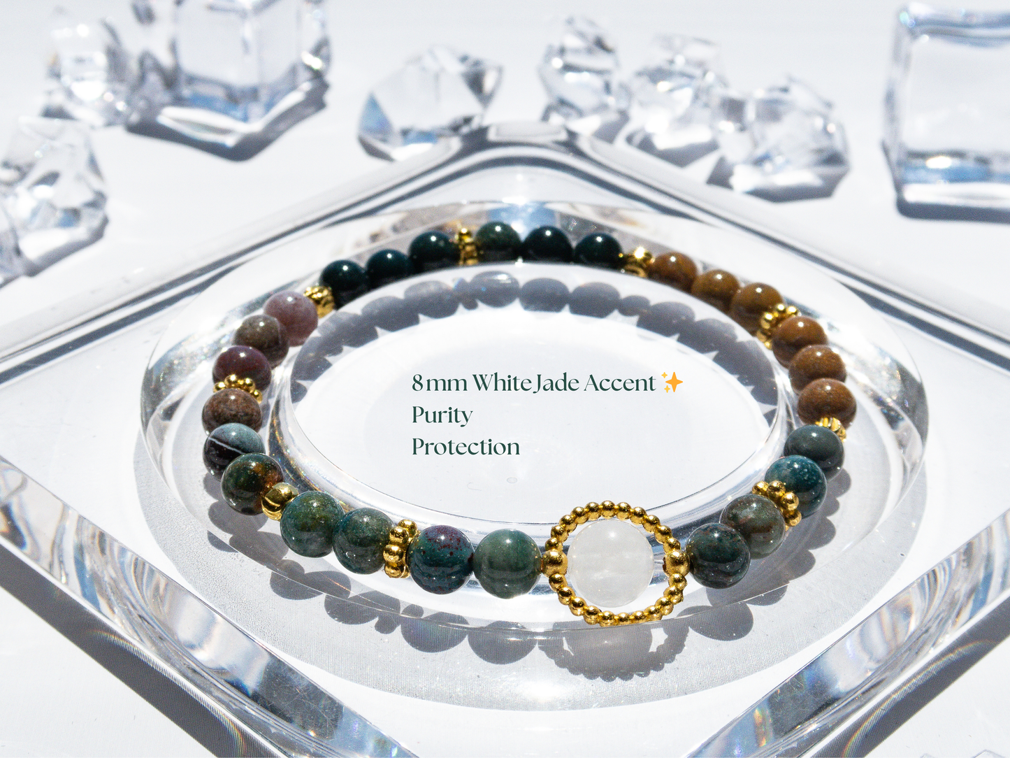 Ocean Agate 6 mm Bracelet w/ 8 mm White Jade Center –  Handmade Original Design • Calming Natural Stone • Elastic  Fits 5.5‑7″ Unisex Gift
