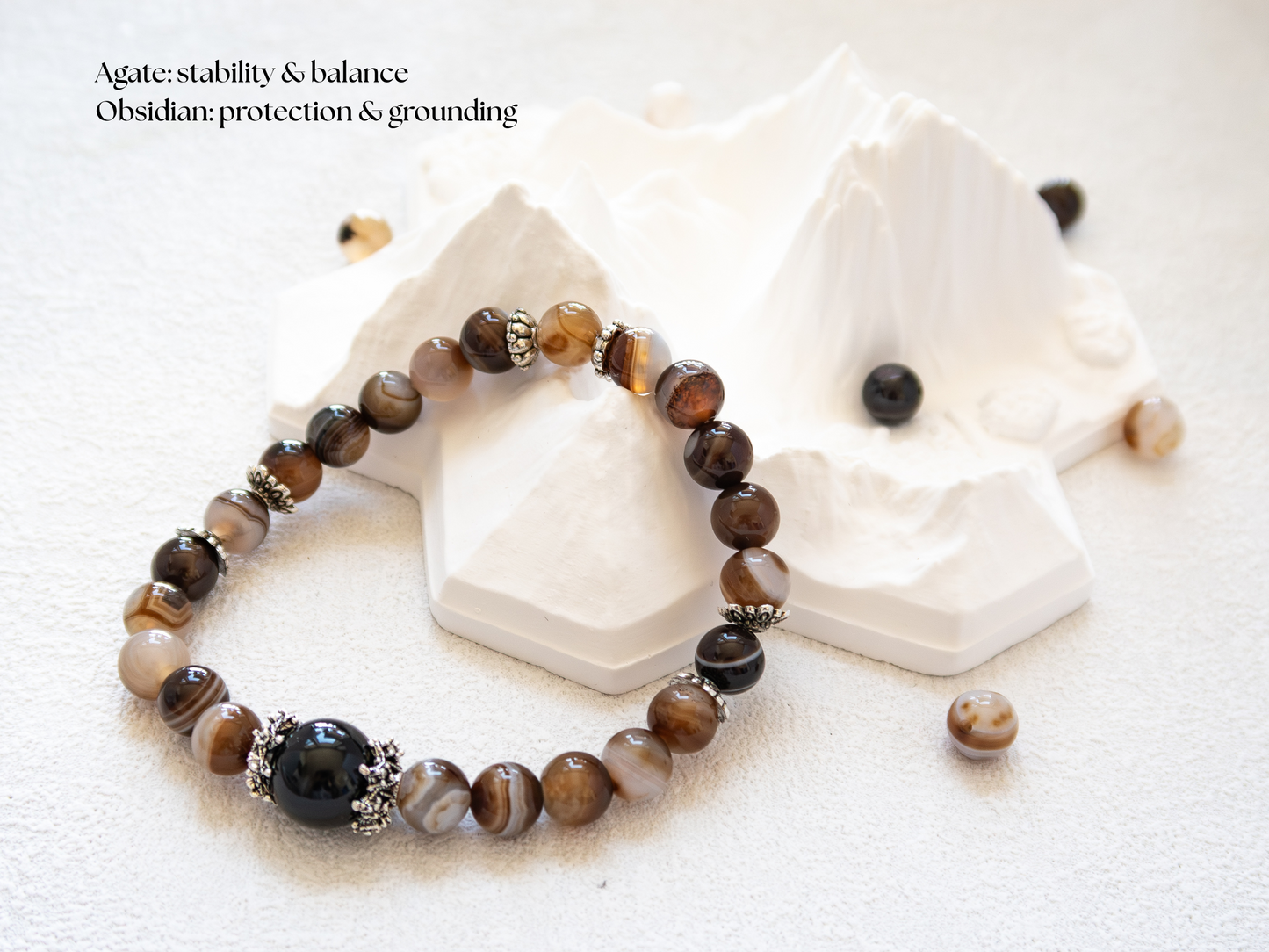 Coffee Agate Bracelet with Black Obsidian – Natural Stone, 8mm Unisex, Double-Strand Elastic
