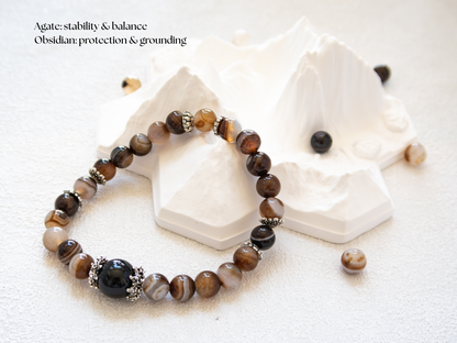 Coffee Agate Bracelet with Black Obsidian – Natural Stone, 8mm Unisex, Double-Strand Elastic