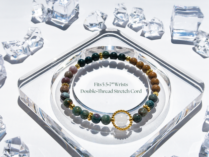 Ocean Agate 6 mm Bracelet w/ 8 mm White Jade Center –  Handmade Original Design • Calming Natural Stone • Elastic  Fits 5.5‑7″ Unisex Gift