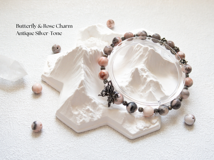 Pink Zebra Jasper Bracelet with Butterfly Charm – Handmade