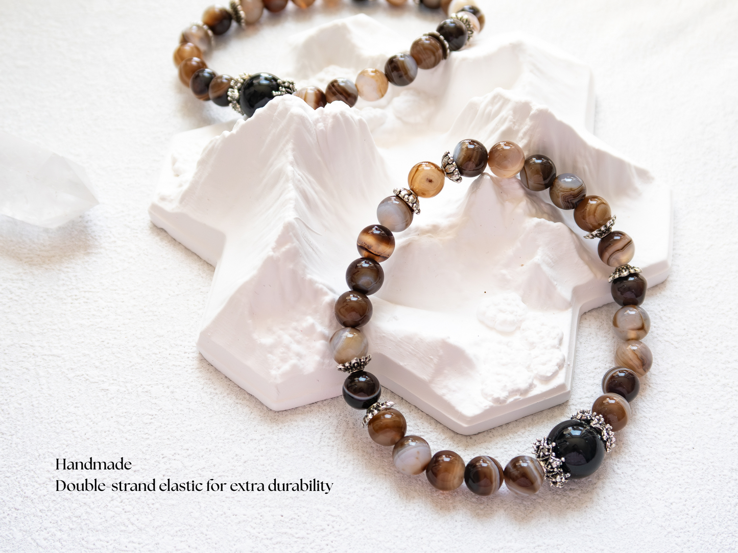 Coffee Agate Bracelet with Black Obsidian – Natural Stone, 8mm Unisex, Double-Strand Elastic
