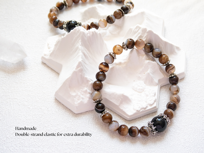 Coffee Agate Bracelet with Black Obsidian – Natural Stone, 8mm Unisex, Double-Strand Elastic