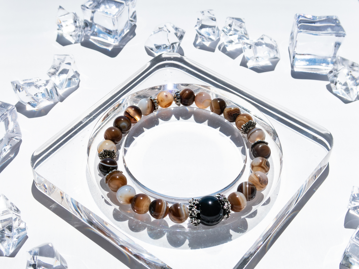 Coffee Agate Bracelet with Black Obsidian – Natural Stone, 8mm Unisex, Double-Strand Elastic