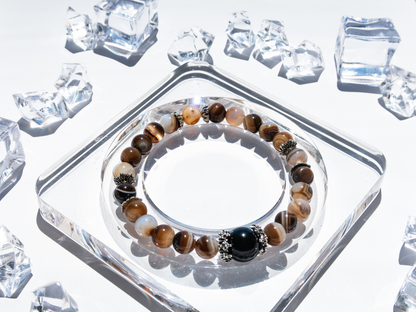 Coffee Agate Bracelet with Black Obsidian – Natural Stone, 8mm Unisex, Double-Strand Elastic