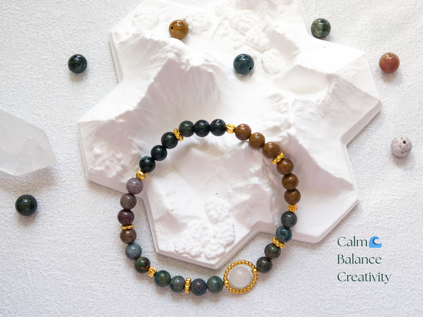 Ocean Agate 6 mm Bracelet w/ 8 mm White Jade Center –  Handmade Original Design • Calming Natural Stone • Elastic  Fits 5.5‑7″ Unisex Gift
