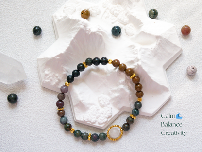 Ocean Agate 6 mm Bracelet w/ 8 mm White Jade Center –  Handmade Original Design • Calming Natural Stone • Elastic  Fits 5.5‑7″ Unisex Gift