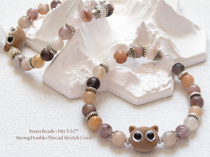 Violet Stone 8 mm Bracelet with Velvet Cat Charm – Handmade Original Design, Calming Crystal Gift, Stretch 6‑7 in, Limited Edition