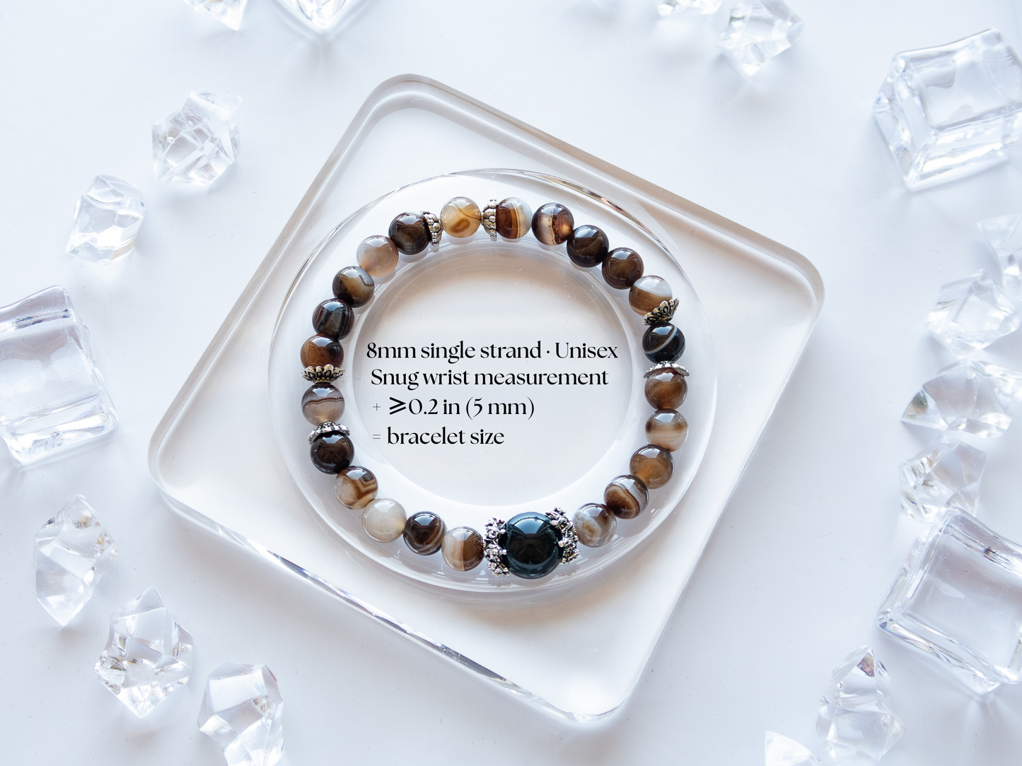 Coffee Agate Bracelet with Black Obsidian – Natural Stone, 8mm Unisex, Double-Strand Elastic