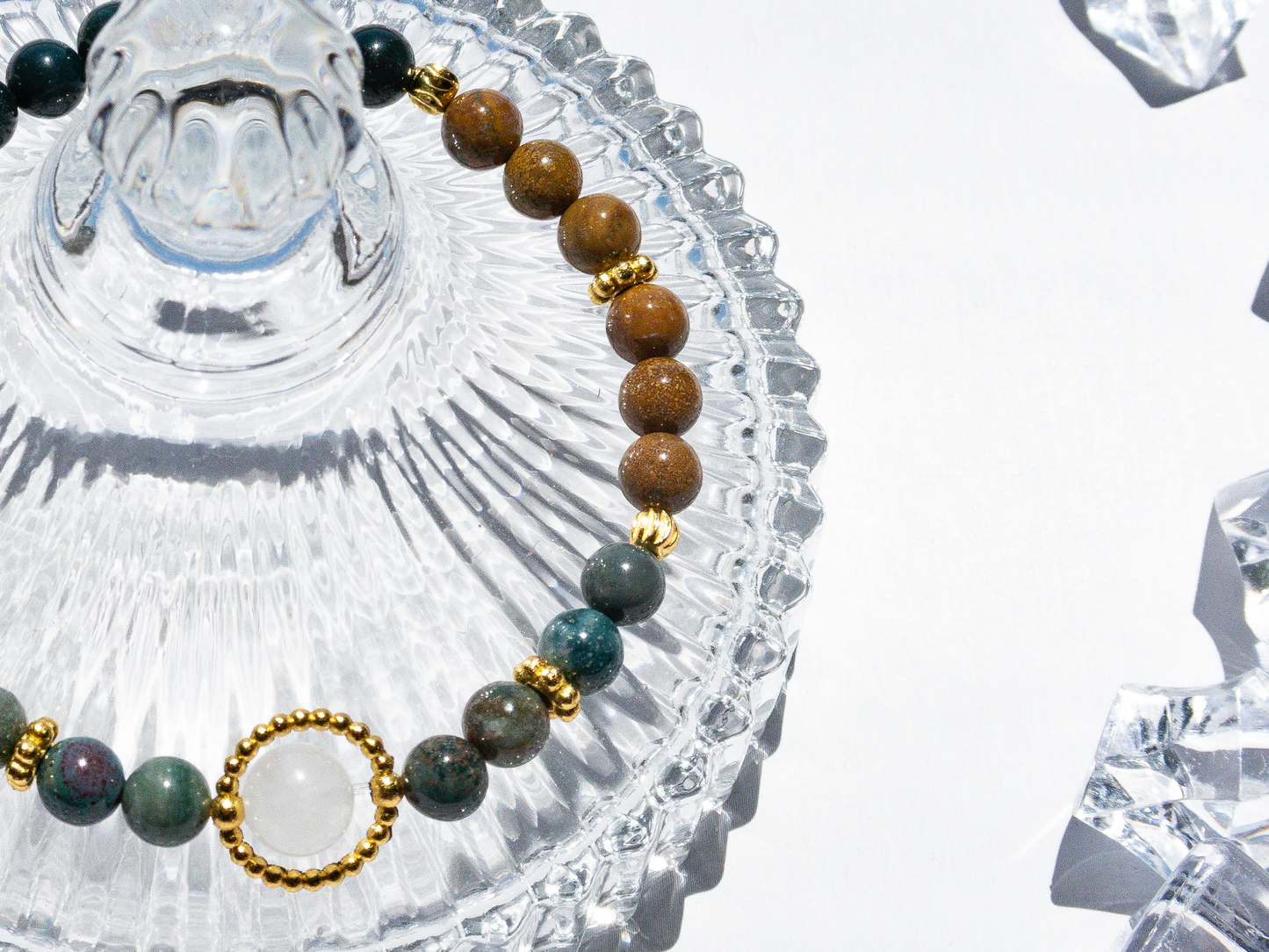 Ocean Agate 6 mm Bracelet w/ 8 mm White Jade Center –  Handmade Original Design • Calming Natural Stone • Elastic  Fits 5.5‑7″ Unisex Gift