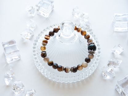 Coffee Agate Bracelet with Black Obsidian – Natural Stone, 8mm Unisex, Double-Strand Elastic