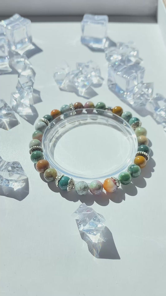 Ocean Agate 8 mm Gemstone Bracelet – Handmade Stretch Crystal Jewelry, Calming Sea Green Beads, Unisex Gift, Fits 5.5-7″ Wrist