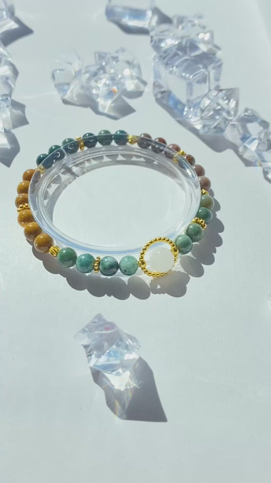 Ocean Agate 6 mm Bracelet w/ 8 mm White Jade Center –  Handmade Original Design • Calming Natural Stone • Elastic  Fits 5.5‑7″ Unisex Gift