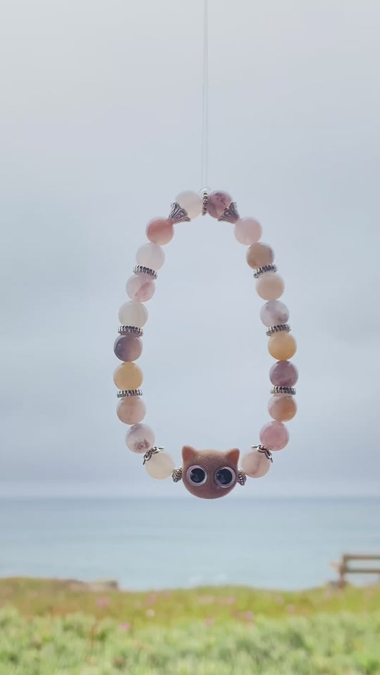 Violet Stone 8 mm Bracelet with Velvet Cat Charm – Handmade Original Design, Calming Crystal Gift, Stretch 6‑7 in, Limited Edition