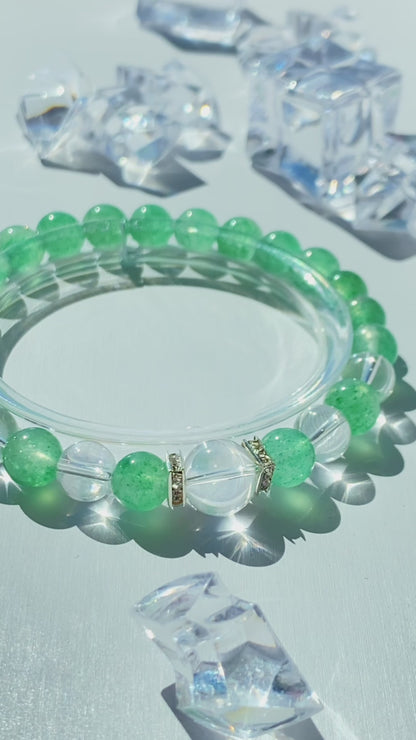 Green Strawberry Quartz & AAA Clear Quartz Bracelet – Handmade