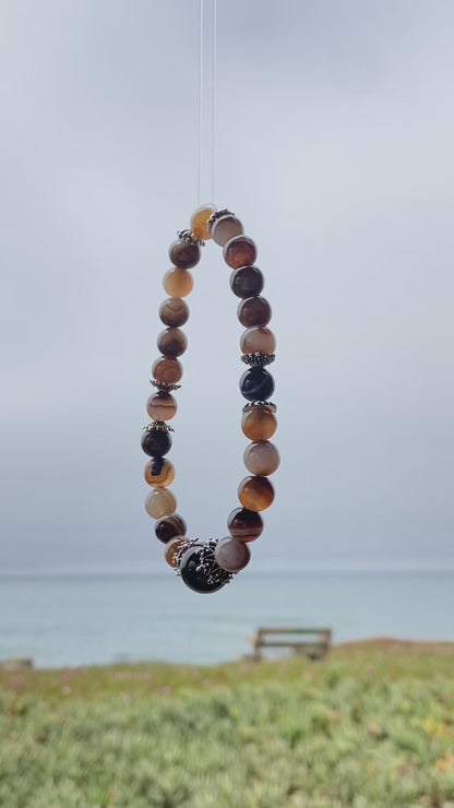 Coffee Agate Bracelet with Black Obsidian – Natural Stone, 8mm Unisex, Double-Strand Elastic